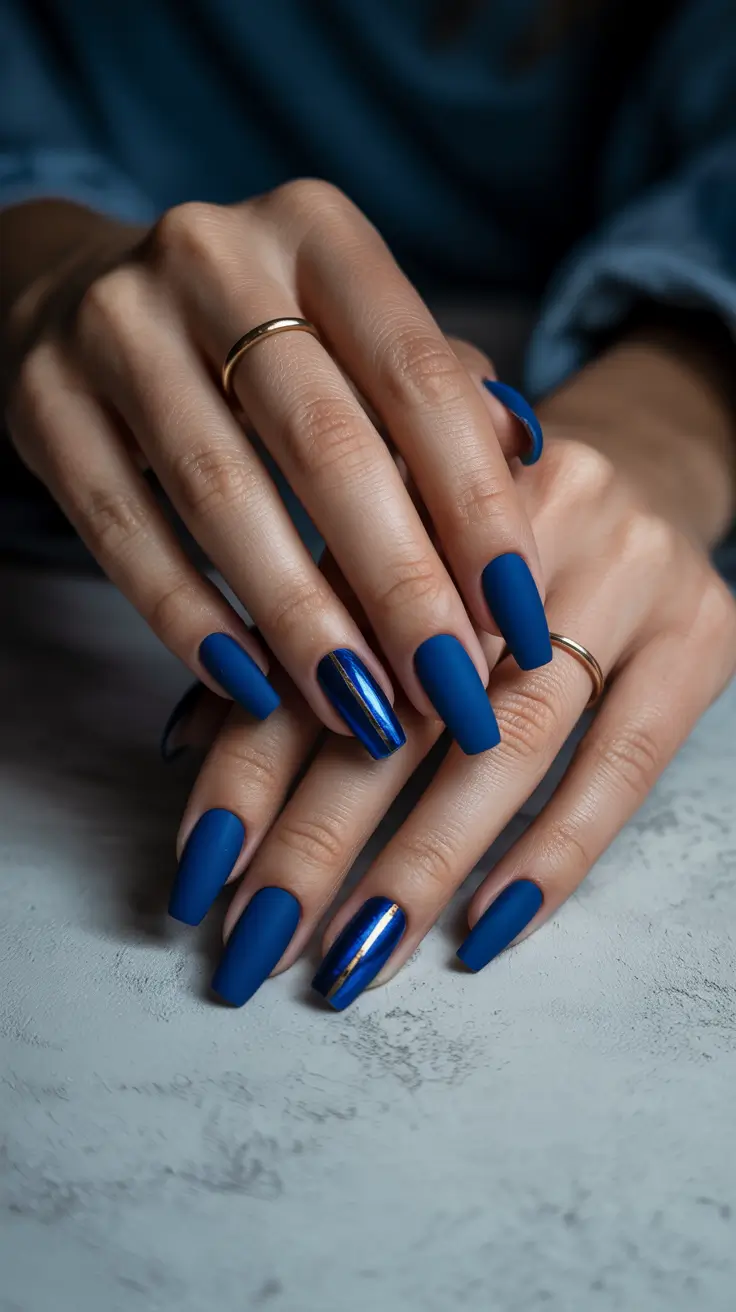 fall inspo nails ideas 2025 Royal Blue Matte with Metallic Stripes