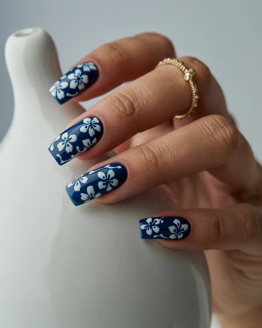 fall inspo nails ideas 2025 Navy Blue with White Florals