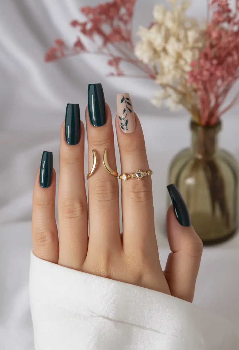 fall inspo nails ideas 2025 Moody Green with Botanical Accents