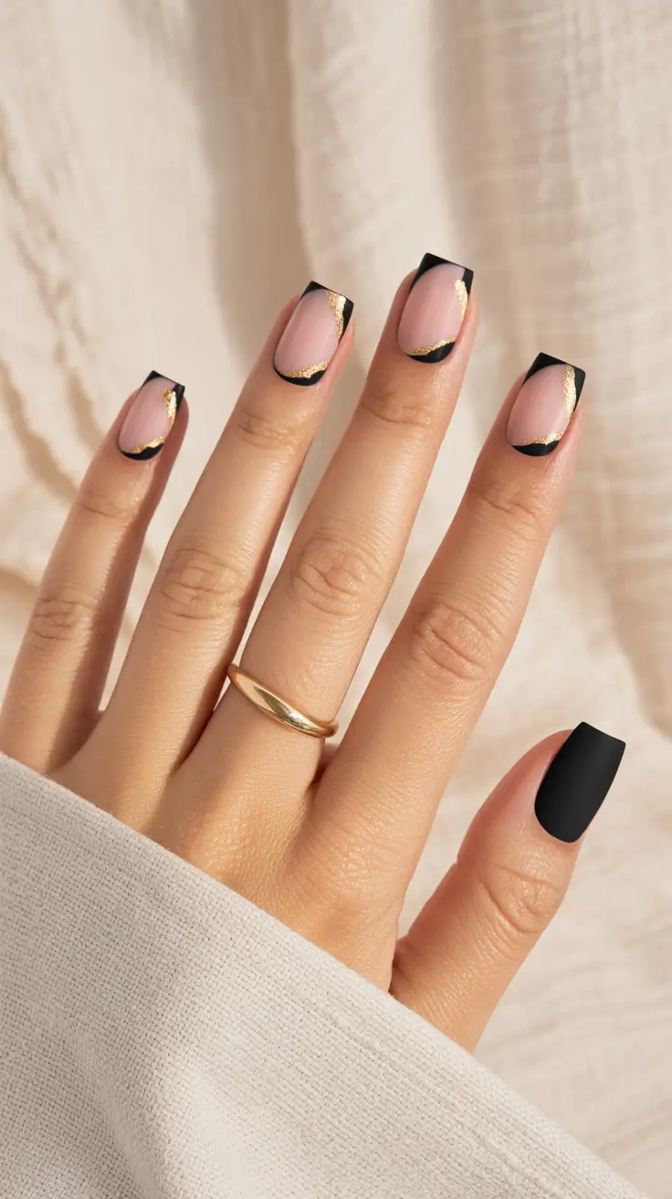 Modern Black and Gold French Nail Art