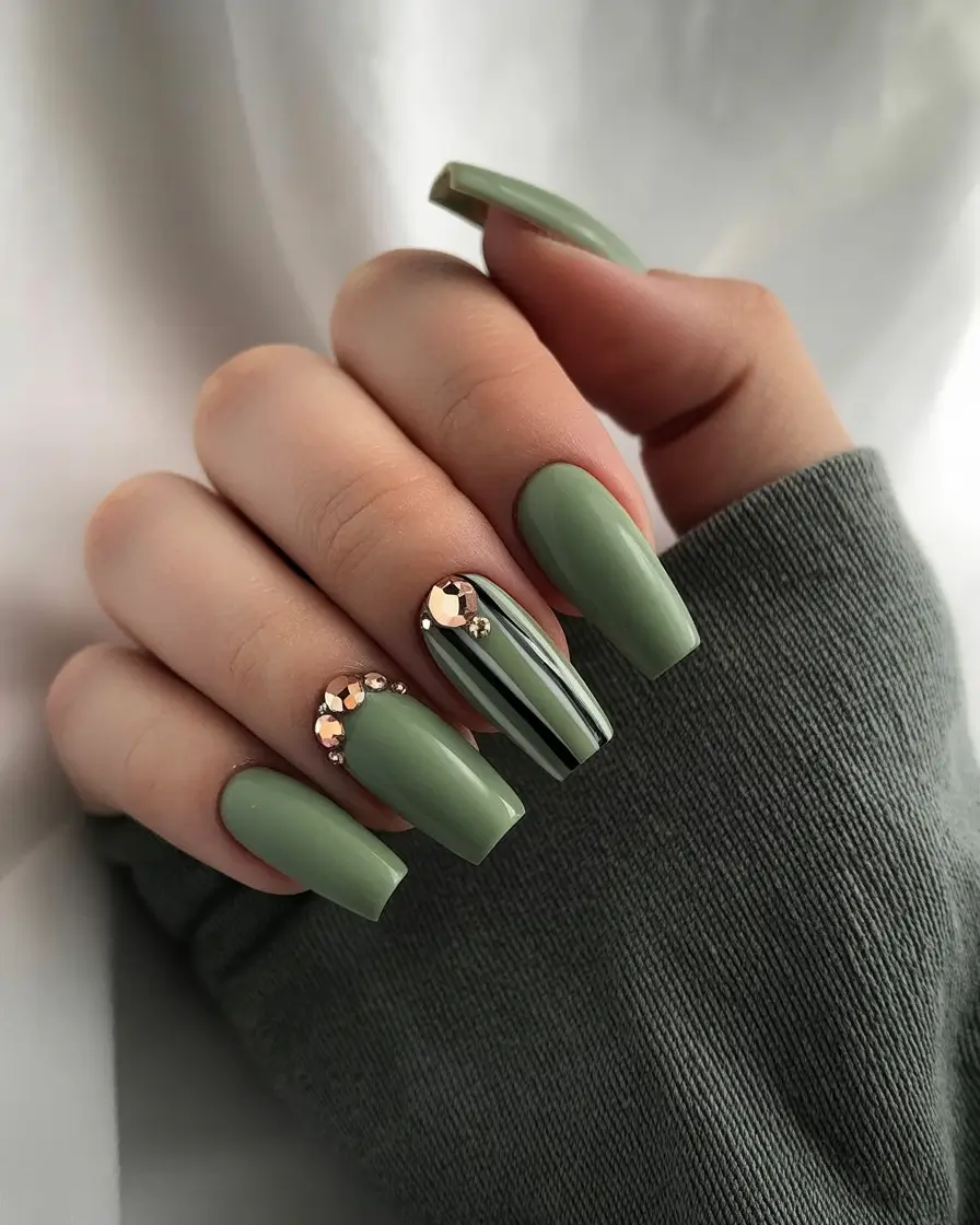 fall inspo nails ideas 2025 Sage Green with Gem Accents