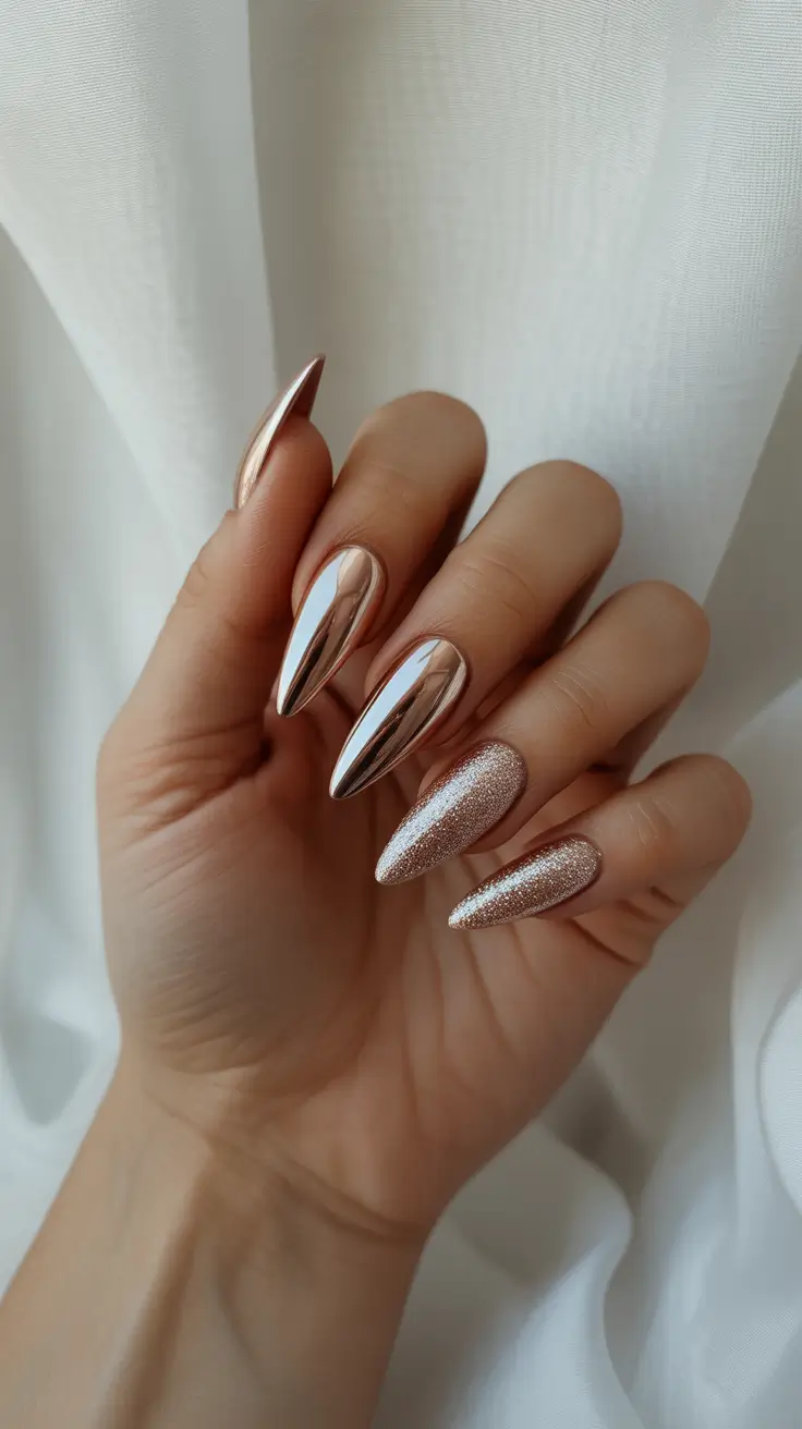 fall inspo nails ideas 2025 Rose Gold Chrome Shine