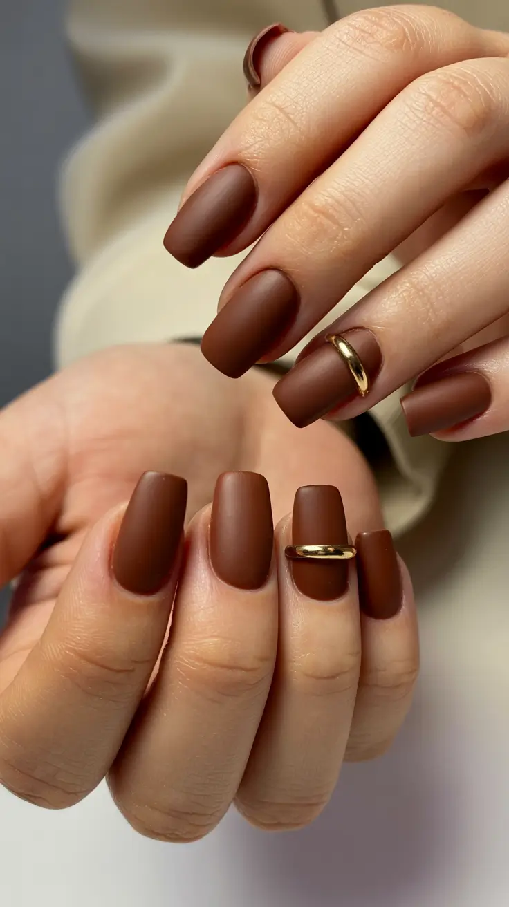 fall matte nails 2025 Velvety Chestnut With Minimalist Gold