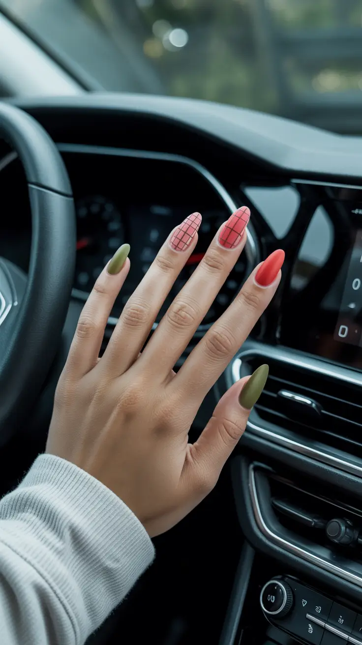 fall matte nails 2025 Plaid Meets Matte Olive
