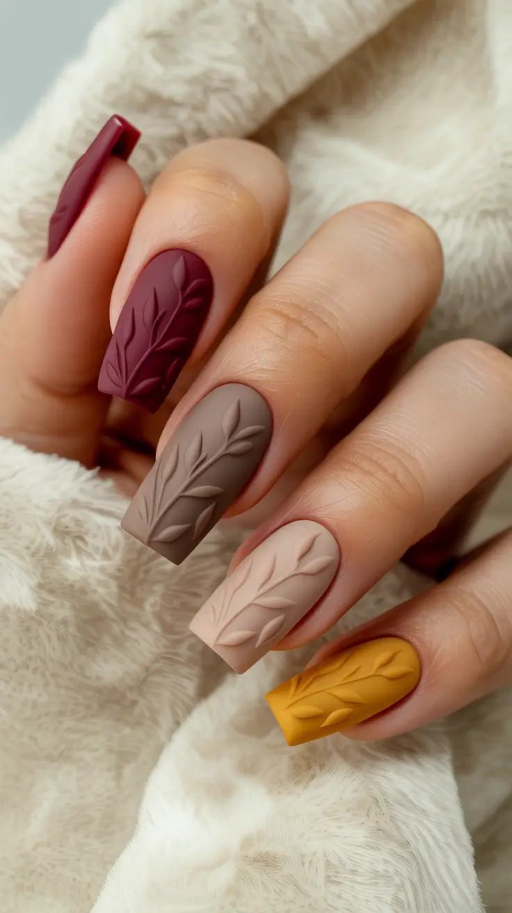 fall matte nails 2025 Embossed Autumn Leaves