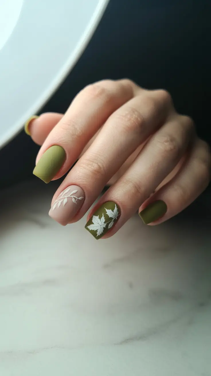 fall matte nails 2025 Olive and Neutral With Leafy White Art