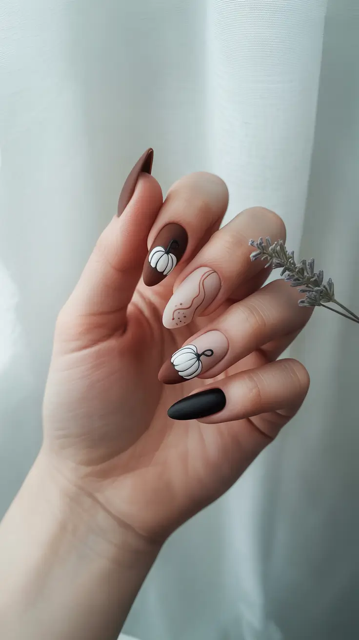 fall matte nails 2025 Playful Pumpkins and Abstract Lines