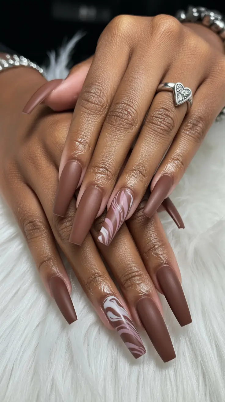 fall matte nails 2025 Chocolate Swirl Coffin Nails