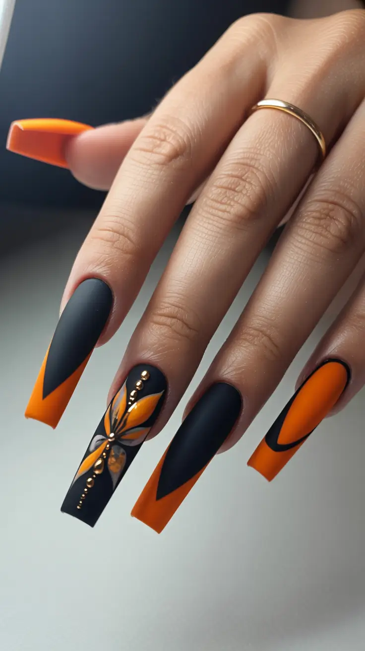fall matte nails 2025 Bold Black and Orange Statement
