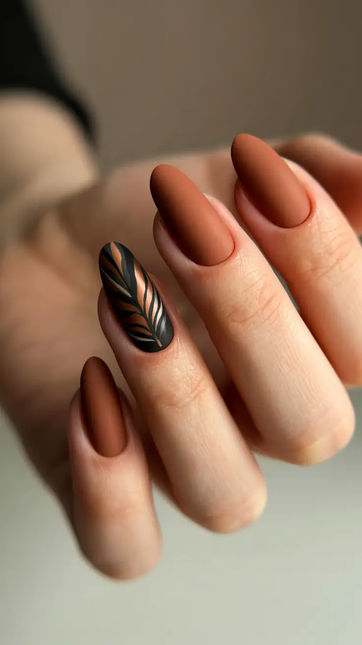 fall matte nails 2025 Warm Brown Almond With Leaf Accent