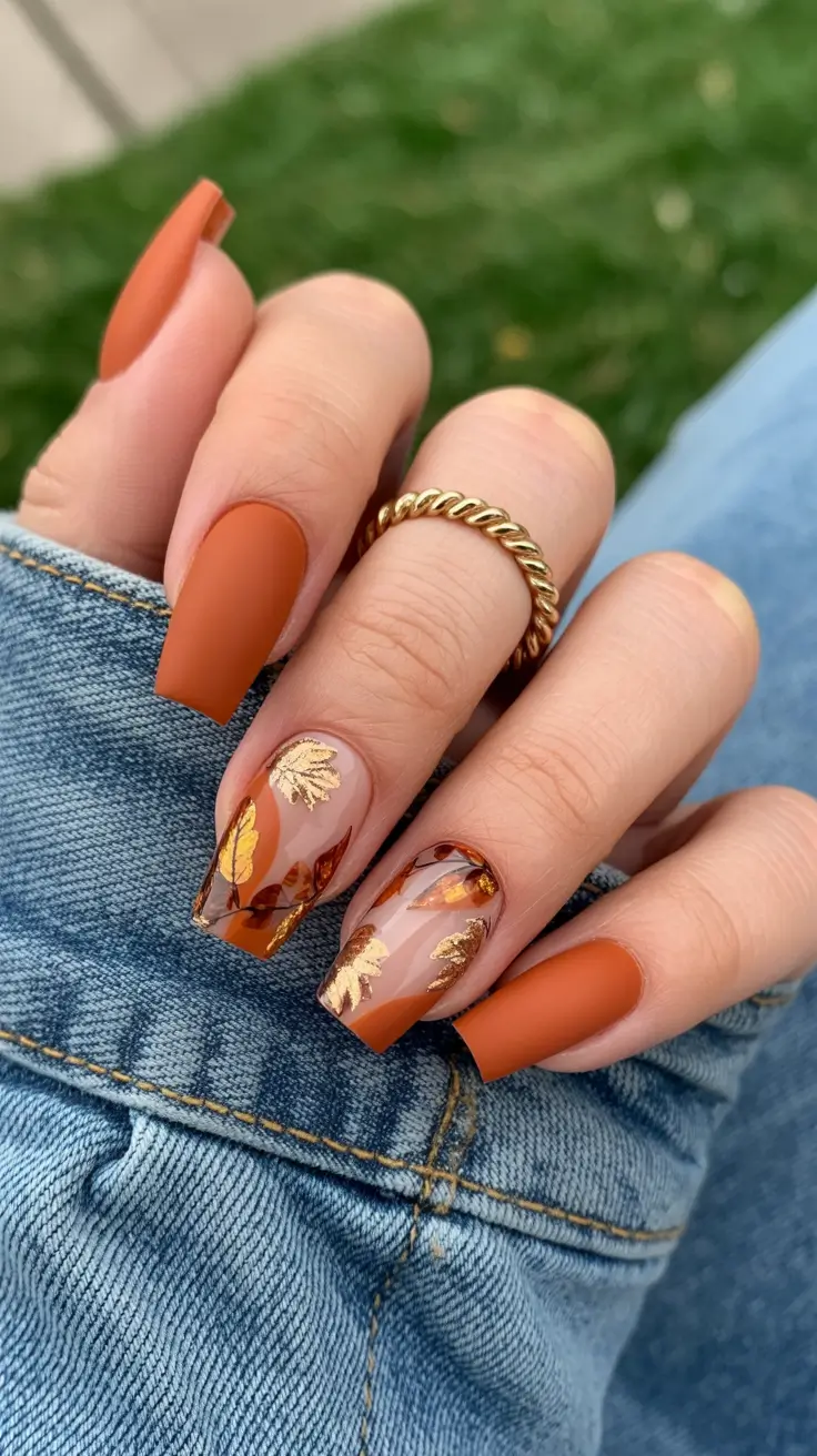 fall matte nails 2025 Golden Leaf Autumn Squares