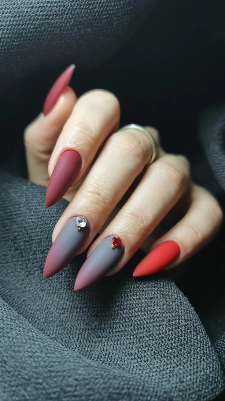 fall matte nails 2025 Wine and Plum With Jewel Accents