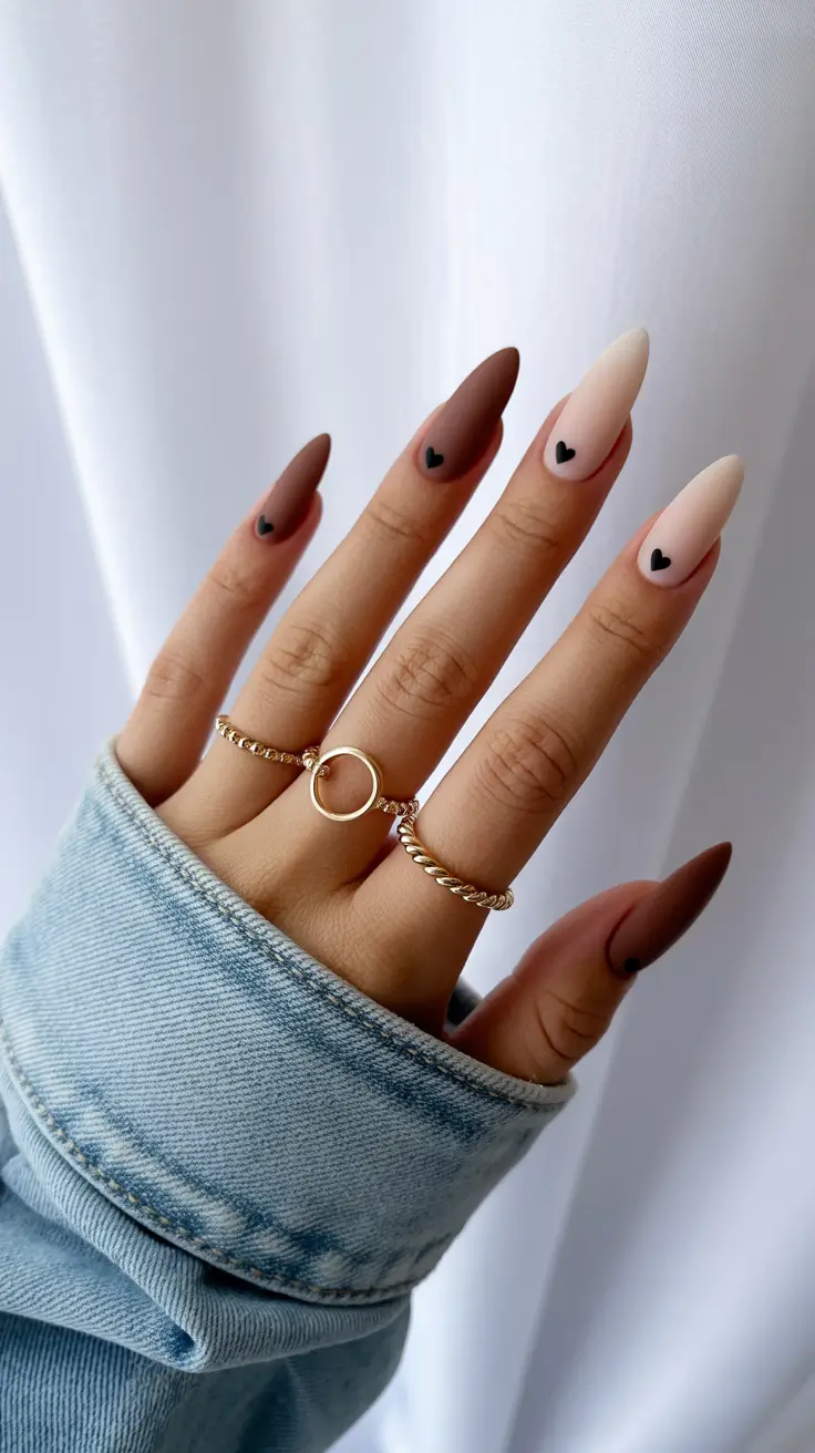 fall matte nails 2025 Minimal Hearts on Gradient Browns