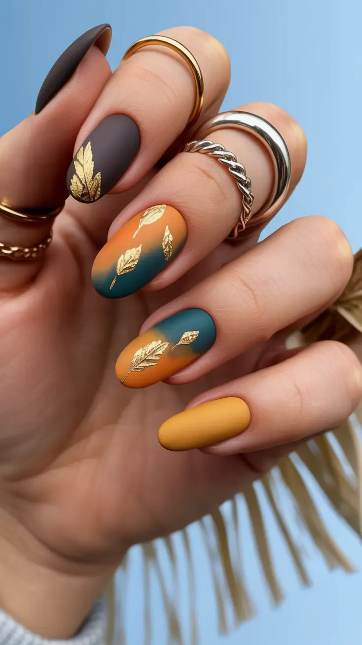 fall matte nails 2025 Teal-To-Ember Ombré With Gilded Leaves