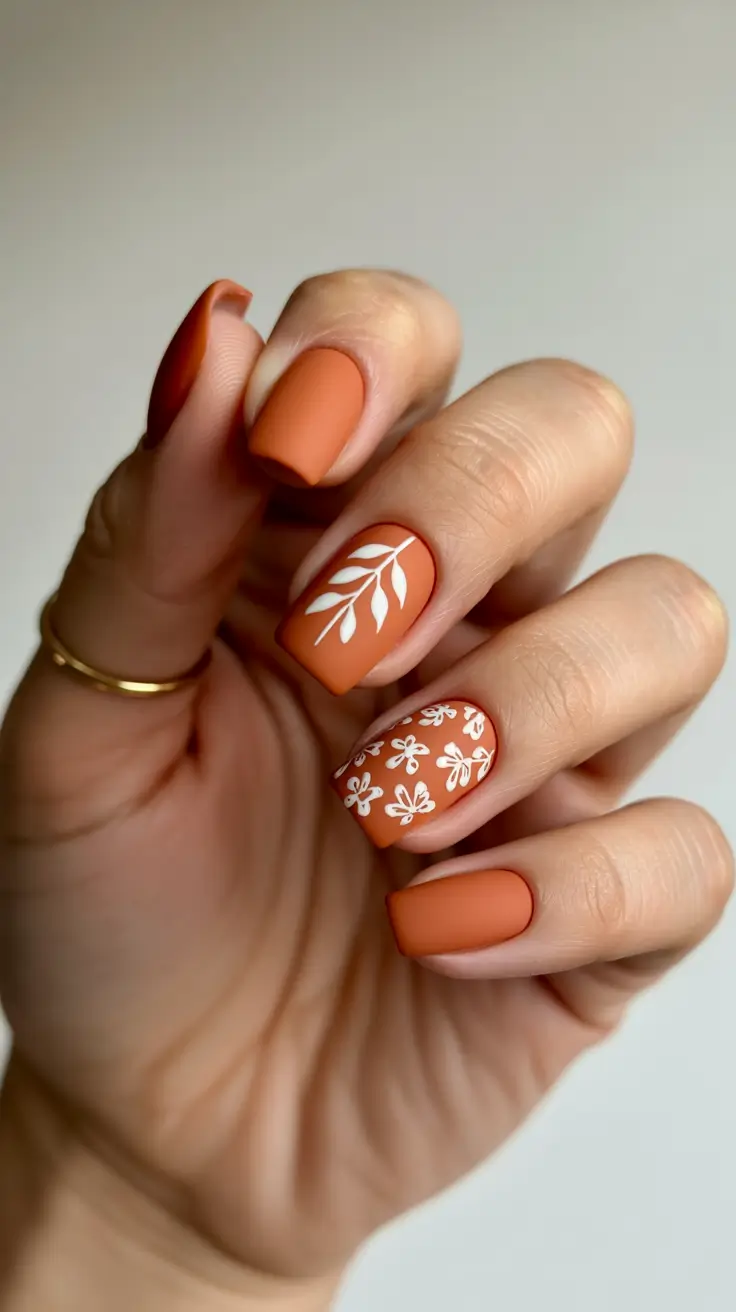 fall matte nails 2025 Rust Orange With White Botanical Art