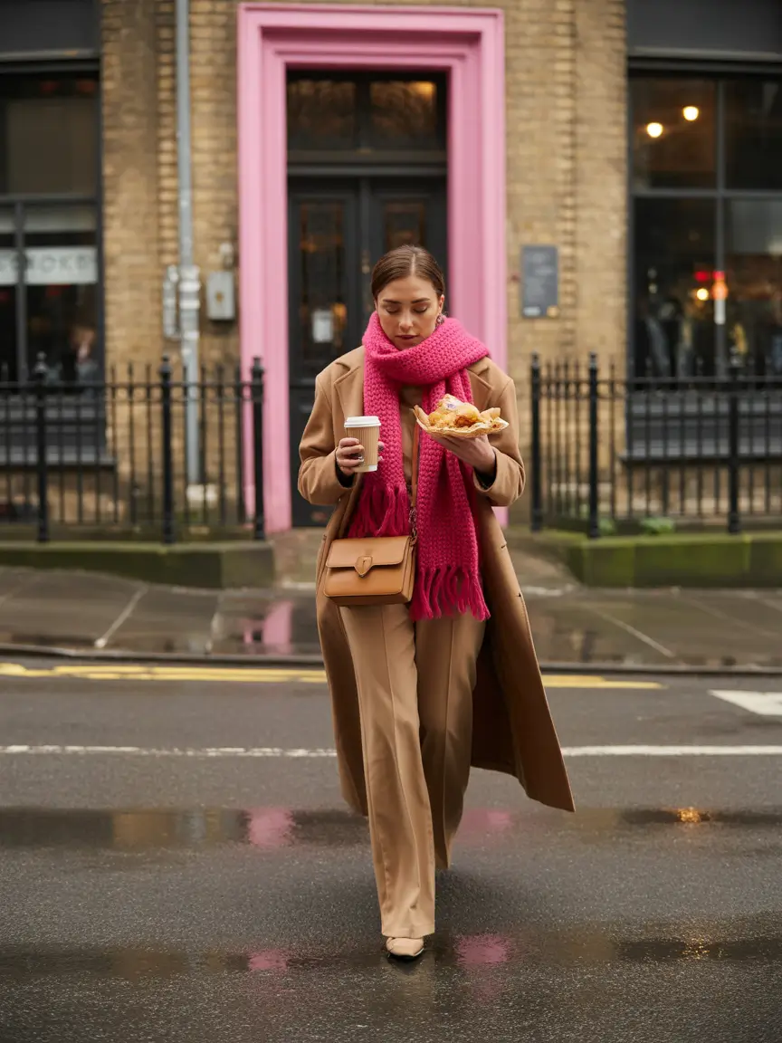fall winter outfits 2025 Neutral Layers With a Bright Twist
