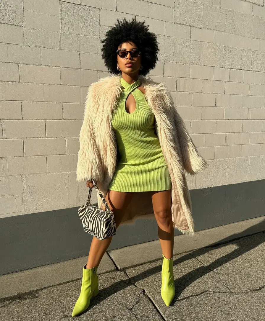 fall winter outfits 2025 Electric Green and Faux Fur Confidence