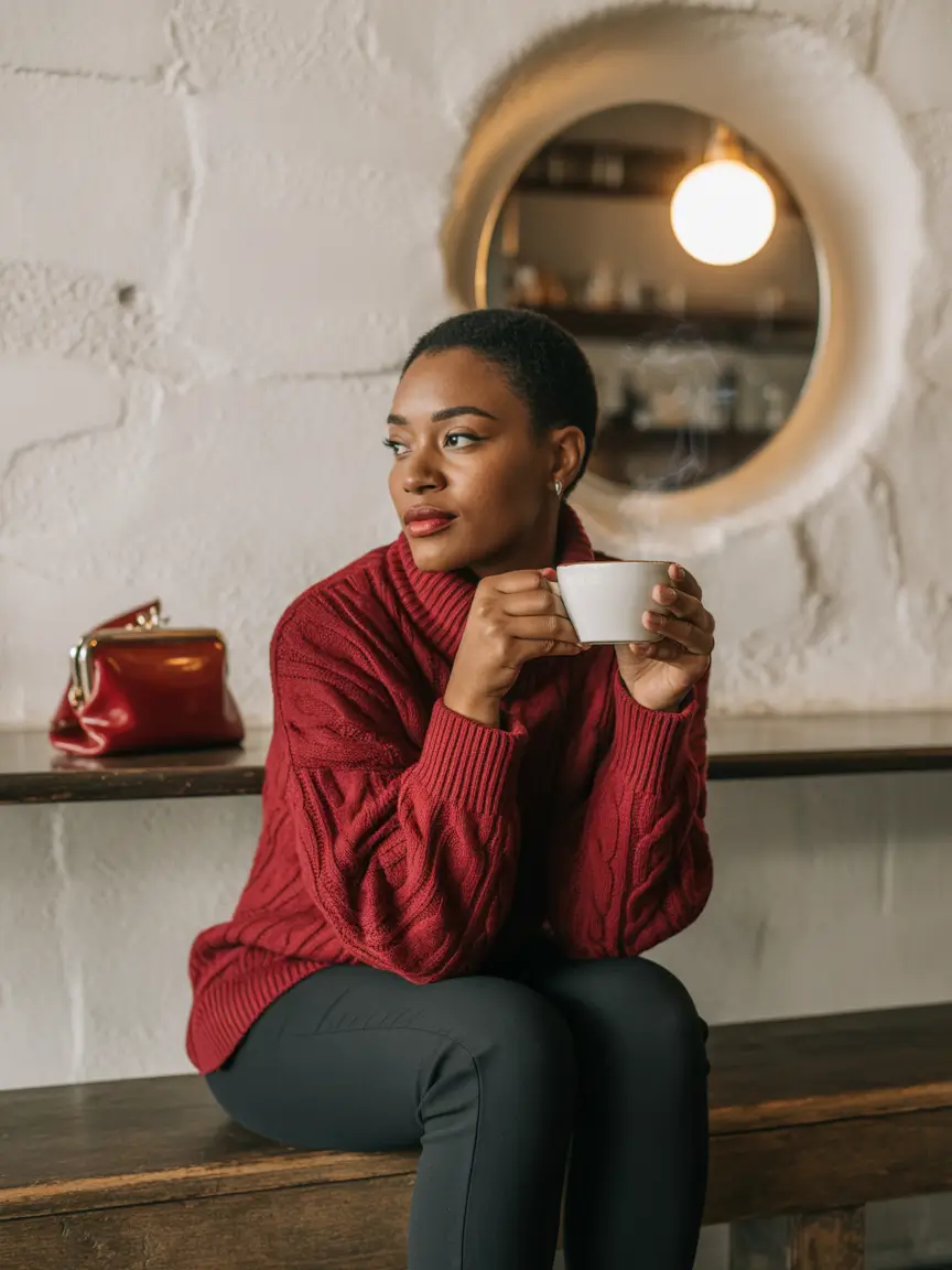 fall winter outfits 2025 Cherry Knit and Casual Confidence