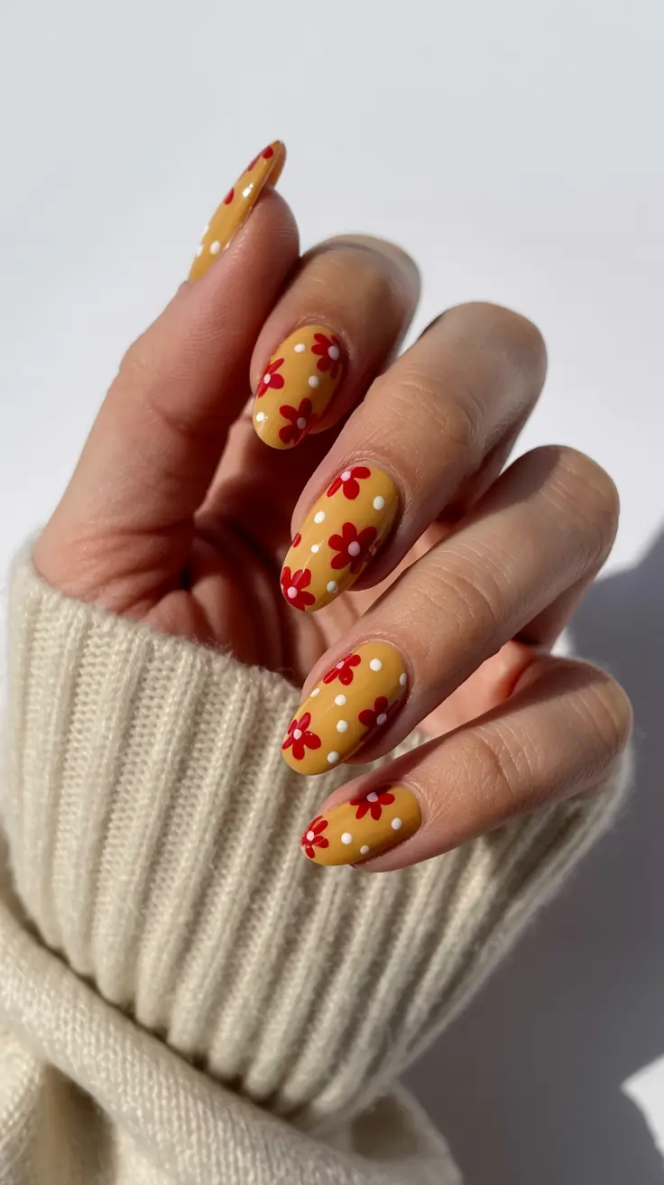 fall winter nails 2025 Retro Mustard Florals