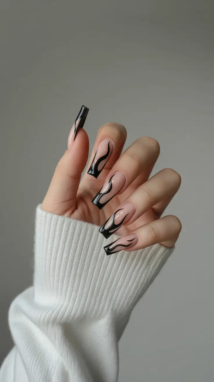 fall winter nails 2025 Glossy Black Flames