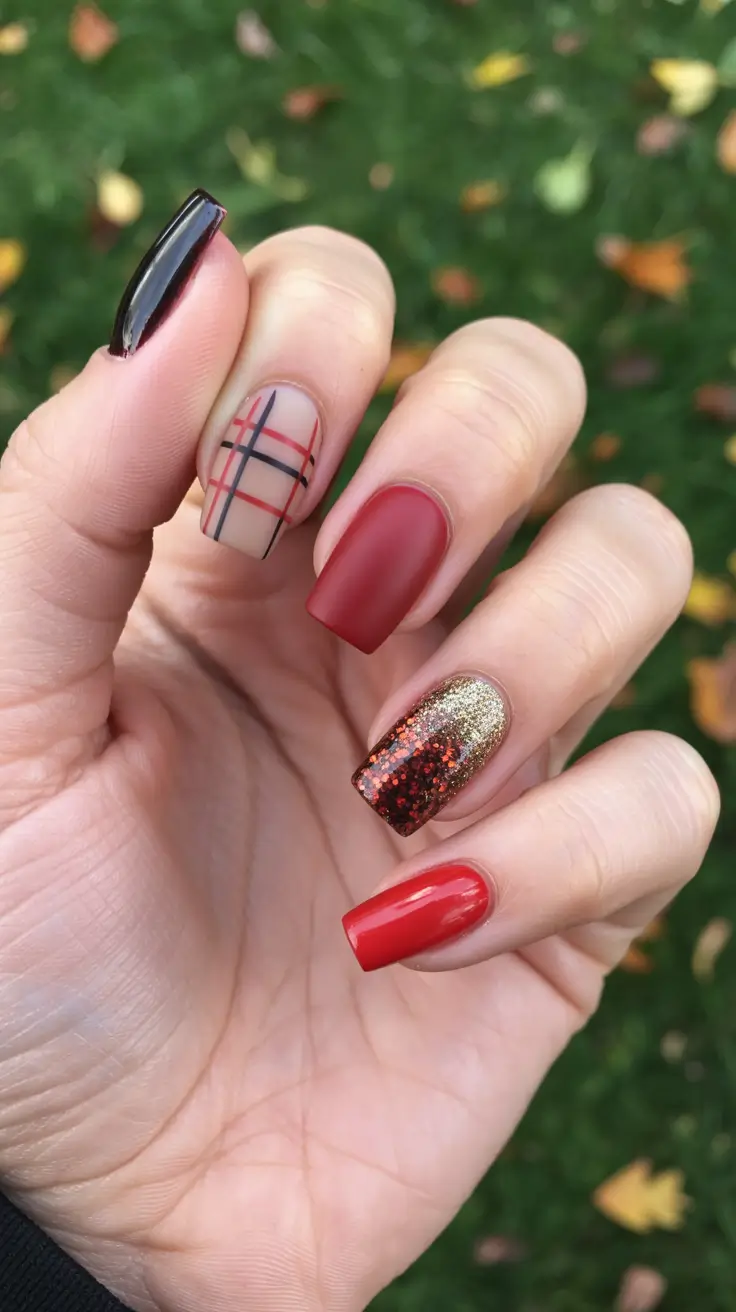 fall winter nails 2025 Red Plaid and Glitter Mix