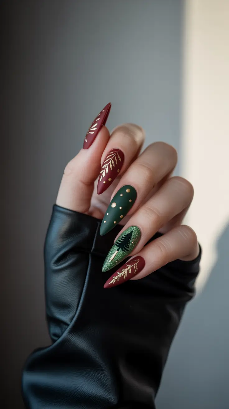 fall winter nails 2025 Holiday Green and Burgundy