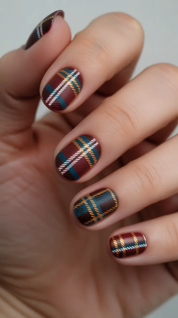 fall winter nails color 2025+Velvet Plaid in Merlot