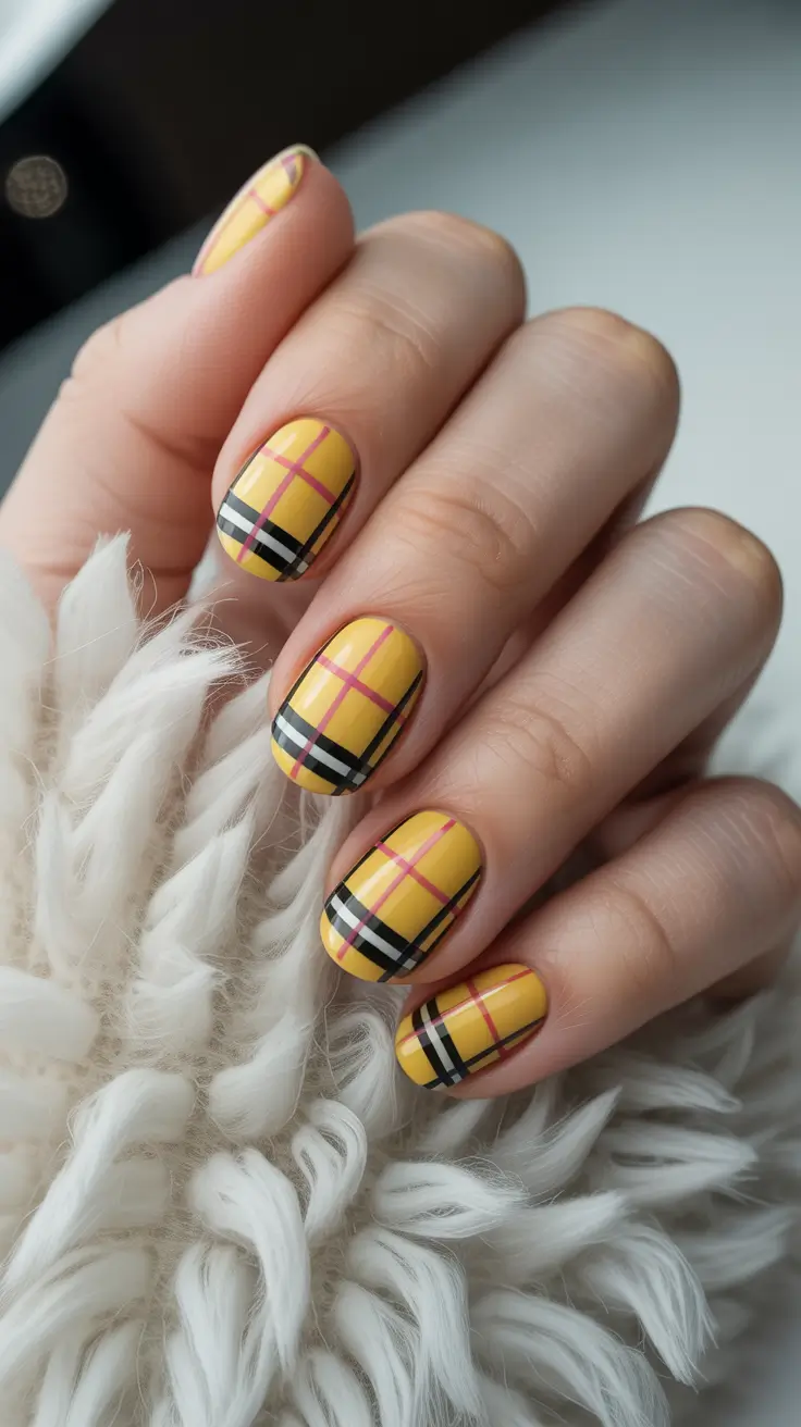 fall winter nails color 2025+Clueless-Inspired Yellow Plaid