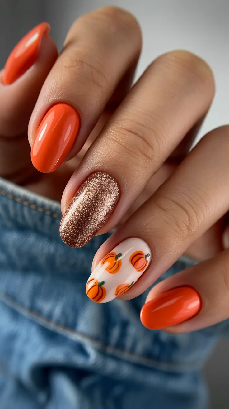 fall winter nails color 2025 Spiced Pumpkin & Glitter Glow