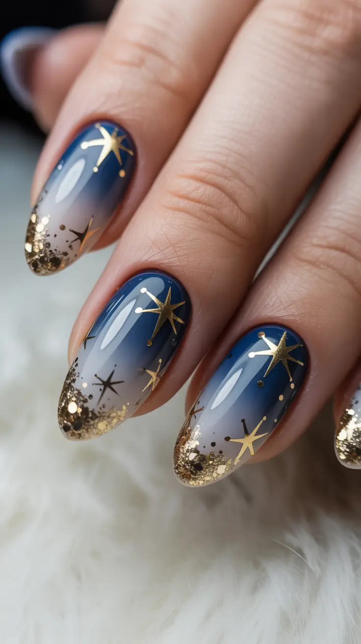fall winter nails color 2025 Midnight Magic with Celestial Gold