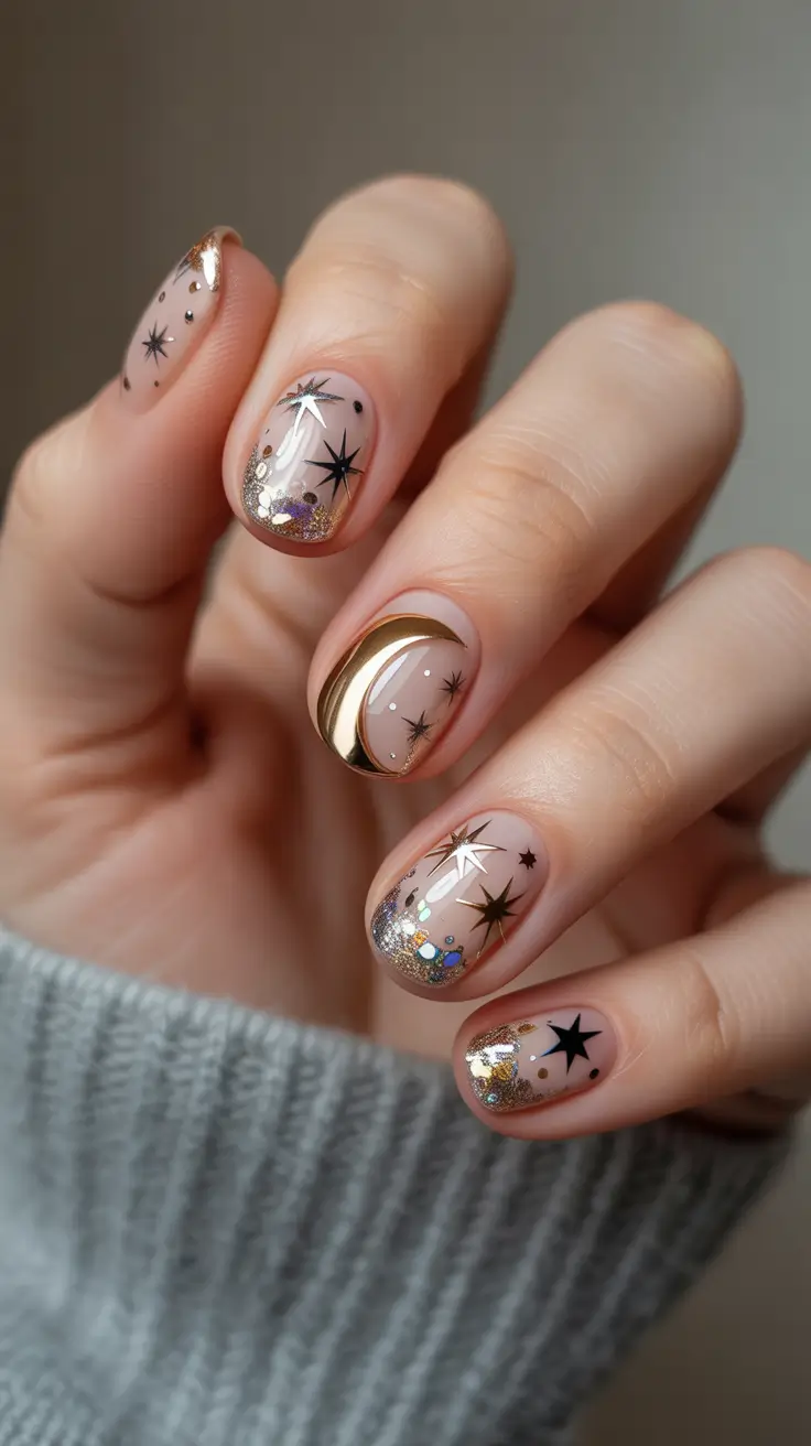 fall winter nails color 2025 Golden Moon & Glitter Eclipse