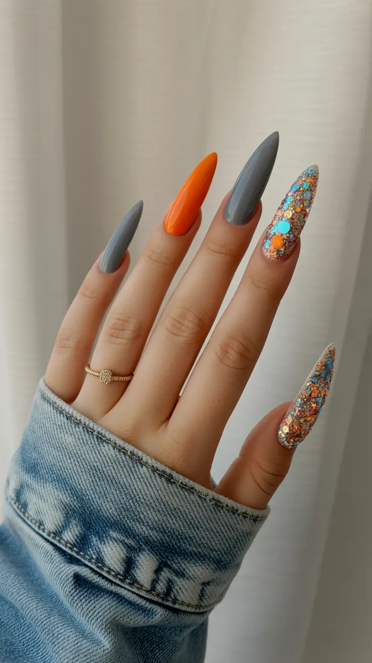fall winter nails color 2025+Bold Pumpkin + Glitter Pop