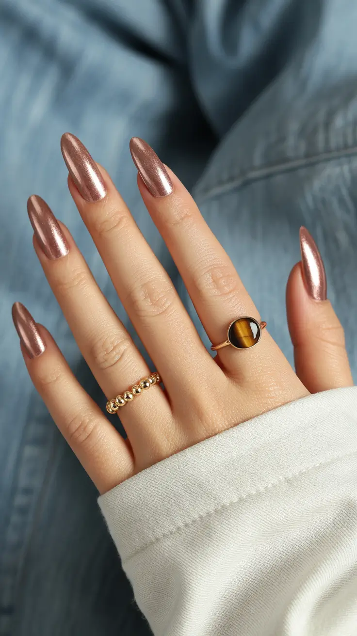fall winter nails color 2025+Champagne Rose Chrome