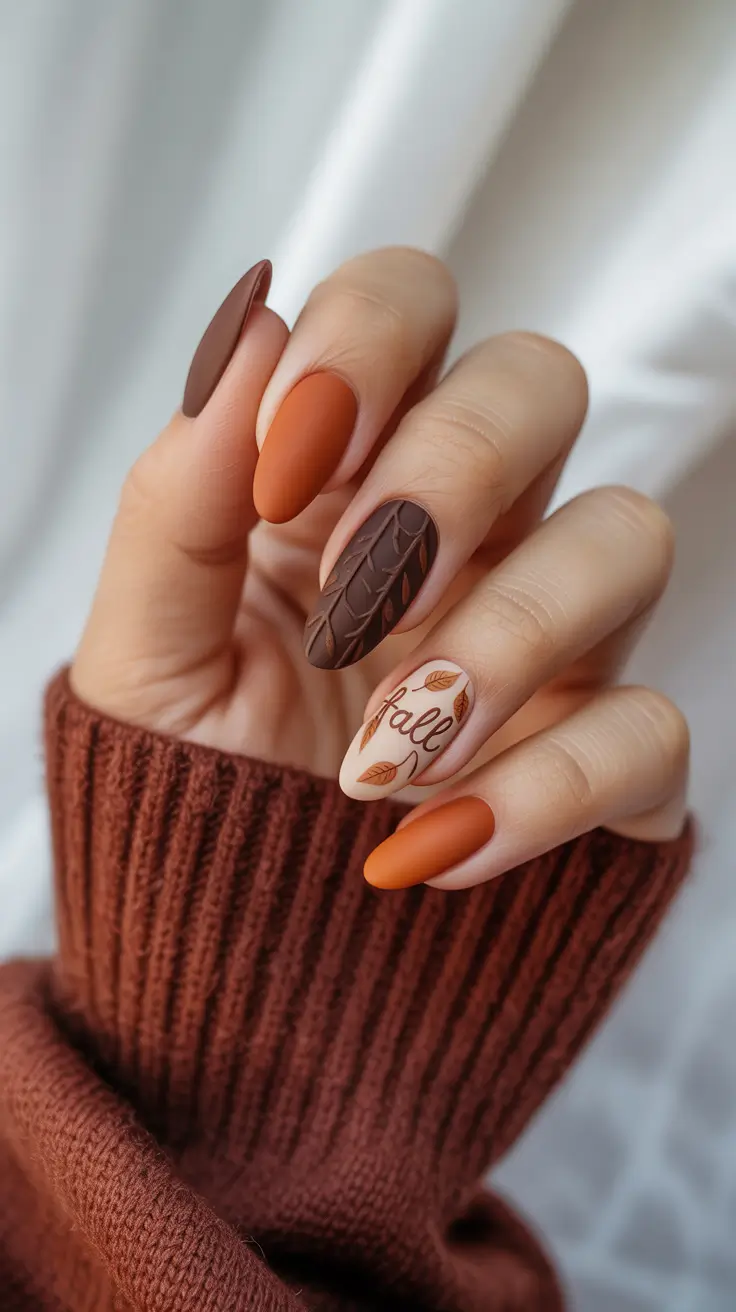 fall winter nails color 2025+Matte Leafy Terracotta