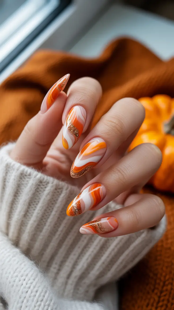 fall winter nails color 2025+Pumpkin Spice Swirls