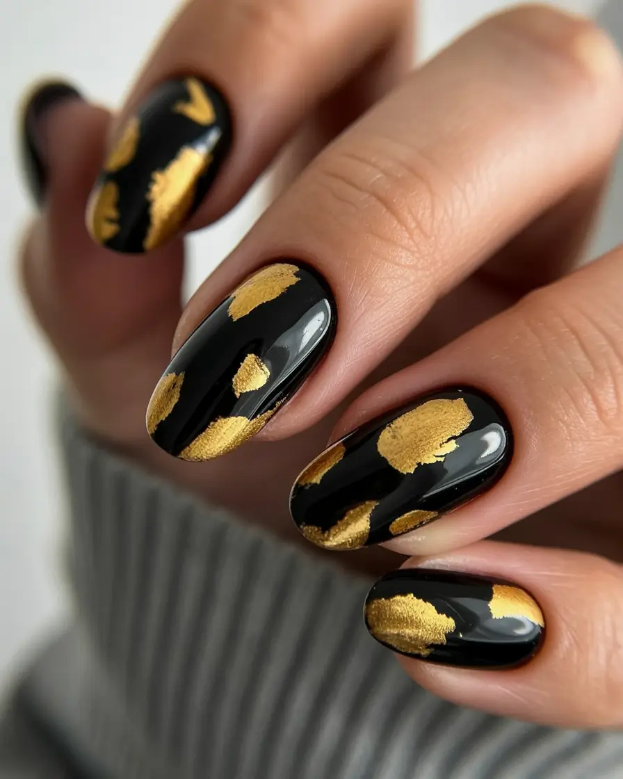 gold fall nails 2025 Black With Golden Brushstrokes