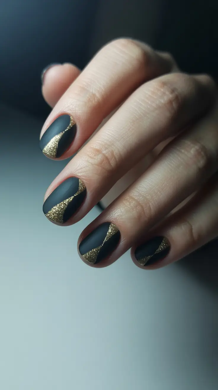 gold fall nails 2025 Matte Black With Glittering Waves