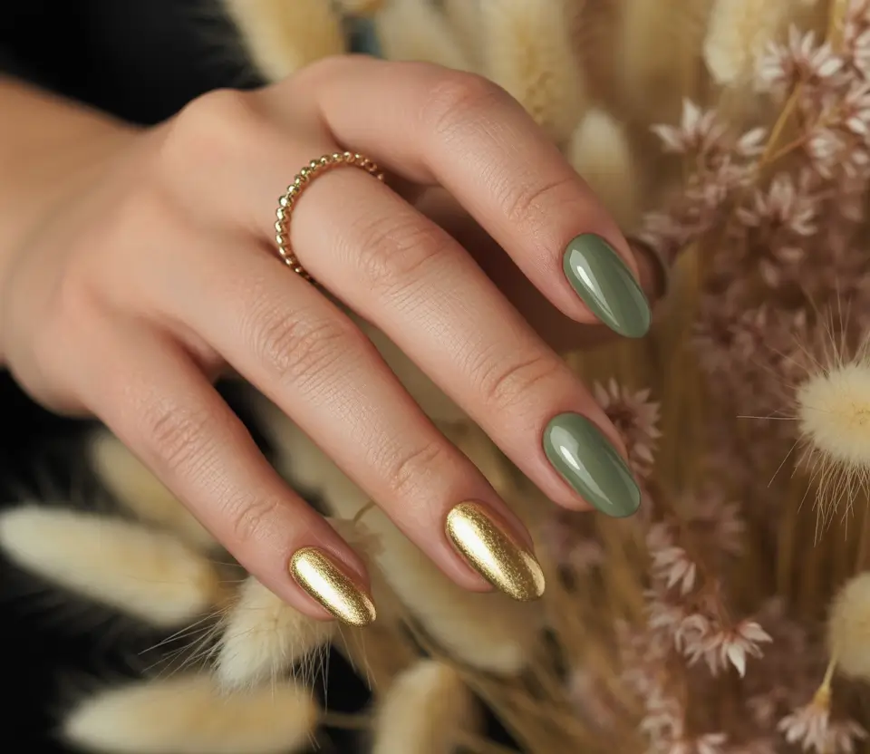 gold fall nails 2025 Olive Green and Metallic Gold Duo