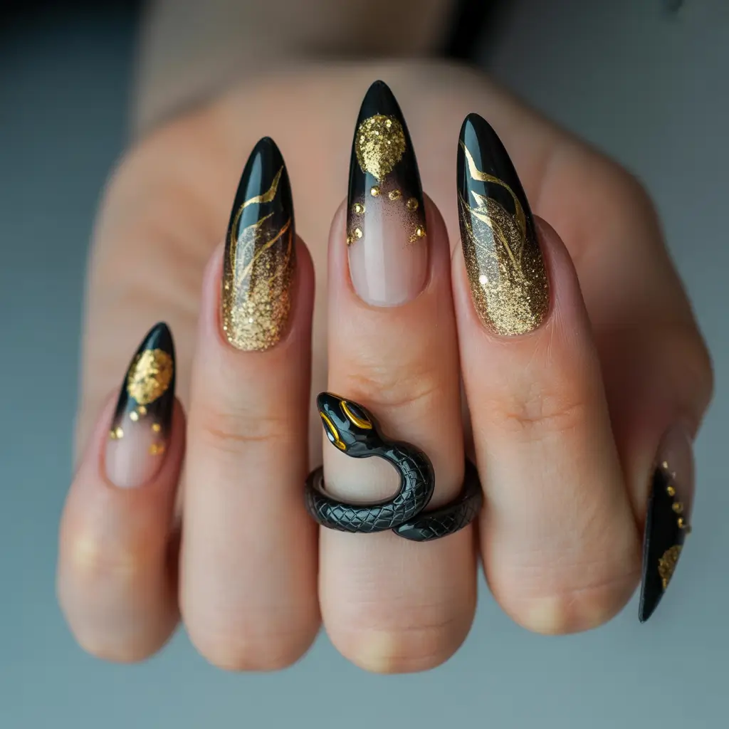 gold fall nails 2025 Black and Gold Stiletto Glam