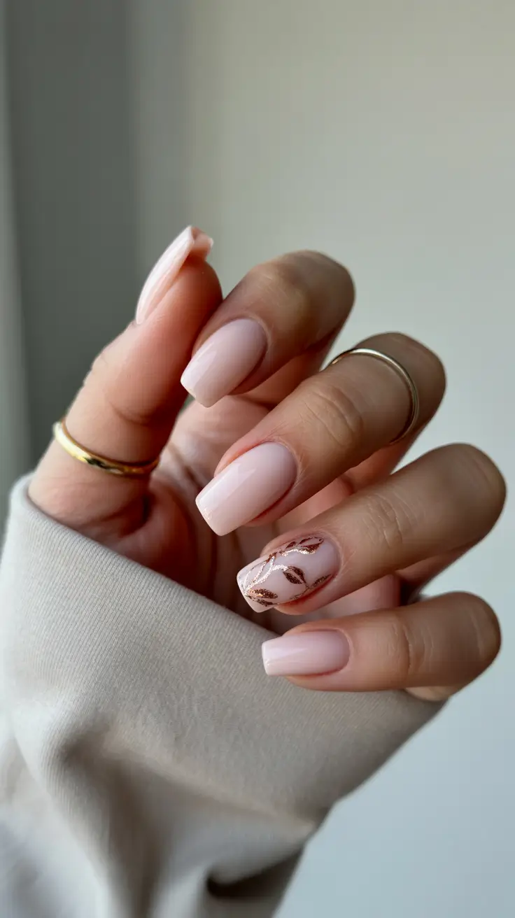 gold fall nails 2025 Soft Nude With Golden Leaf Accents
