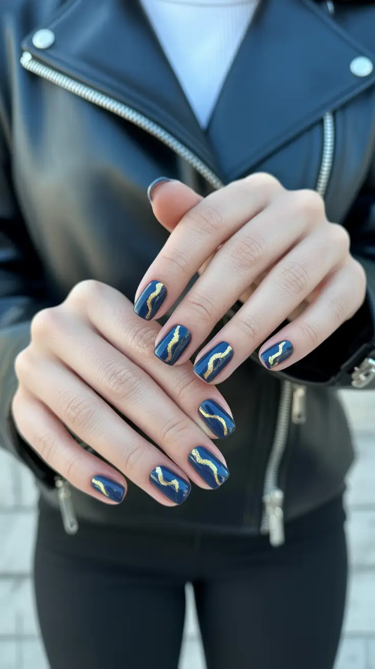 gold fall nails 2025 Midnight Blue With Golden Streaks