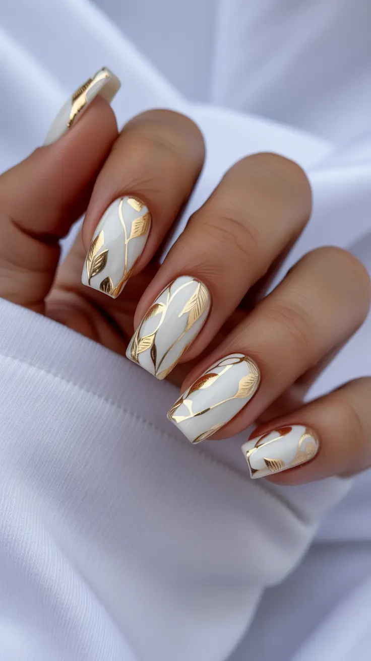 gold fall nails 2025 Golden Leaf on White Canvas