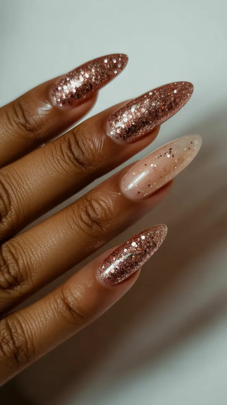gold fall nails 2025 Rose Gold Glitter Elegance