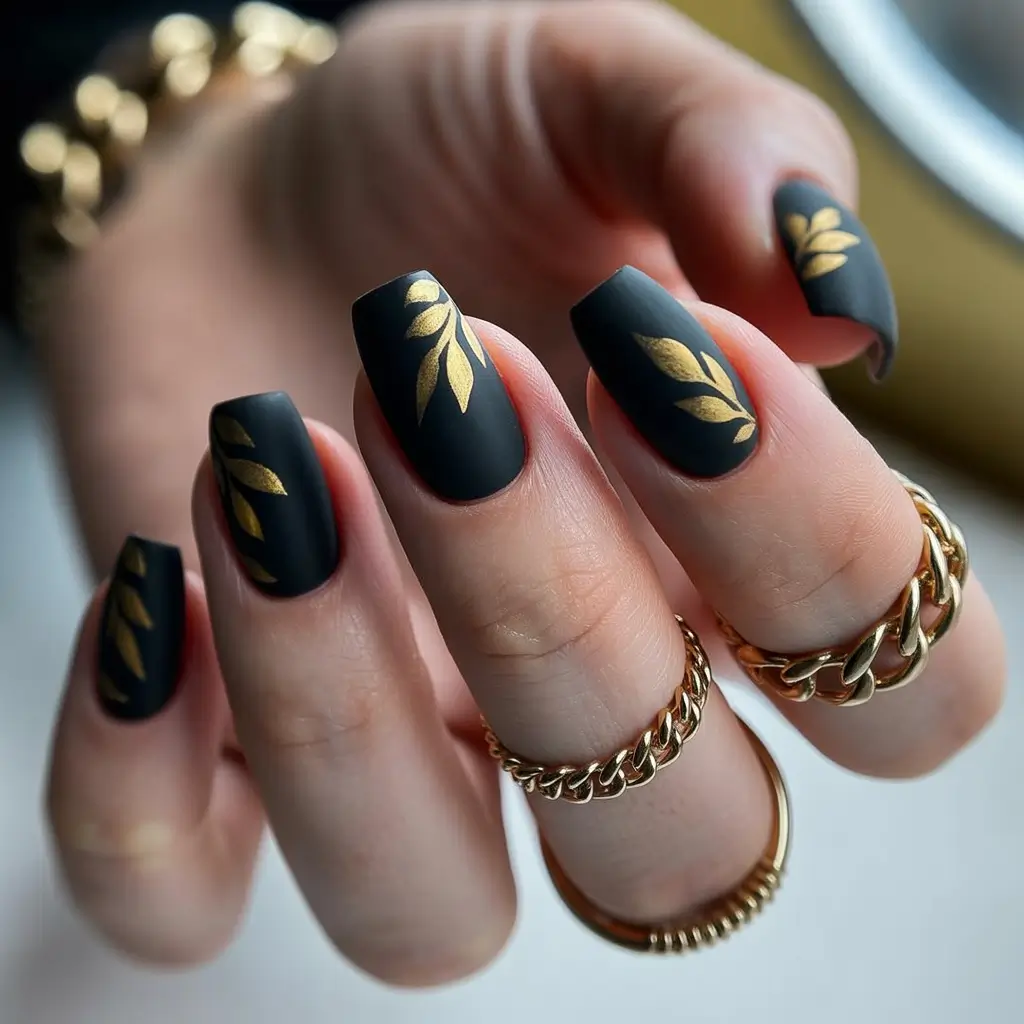 gold fall nails 2025 Matte Black With Golden Leaves
