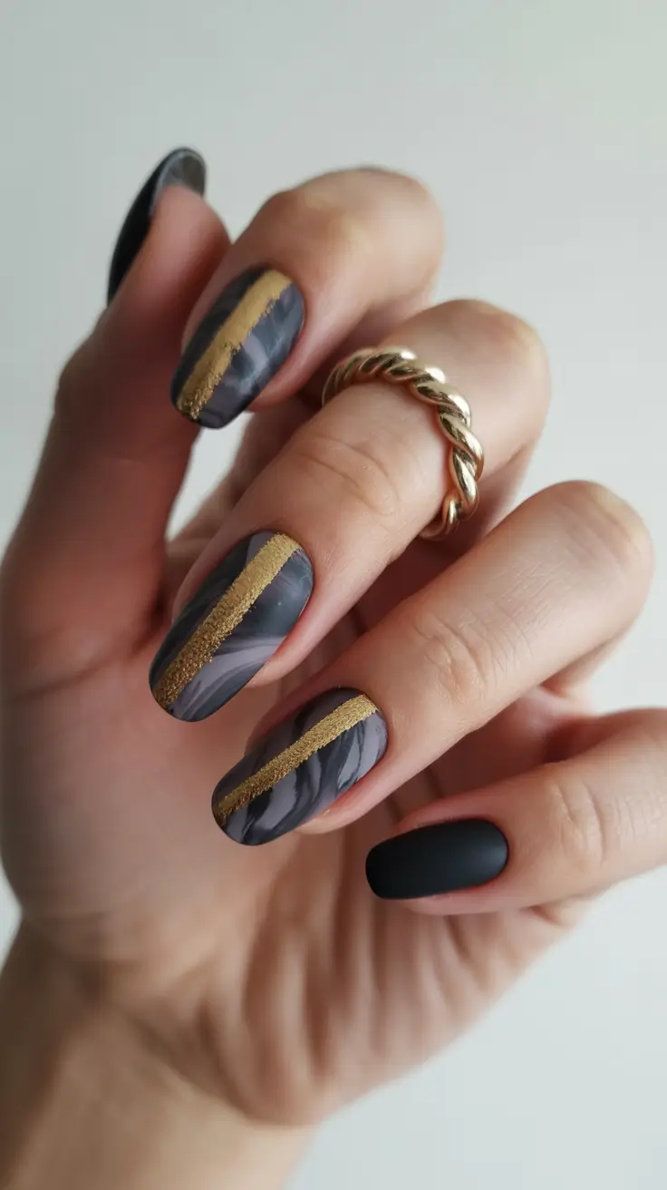 gold fall nails 2025 Smoky Marble With Golden Stripes
