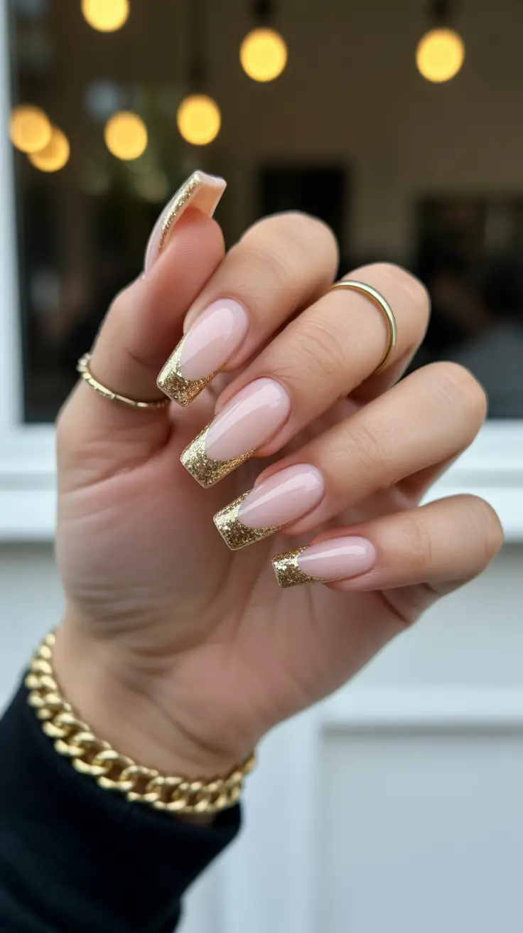 gold fall nails 2025 Golden Glitter French Tips