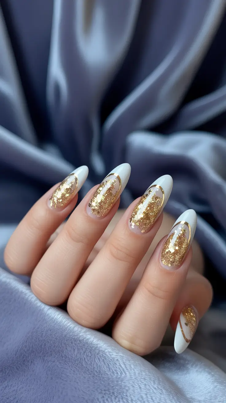 gold fall nails 2025 Golden Glitter With White Accents