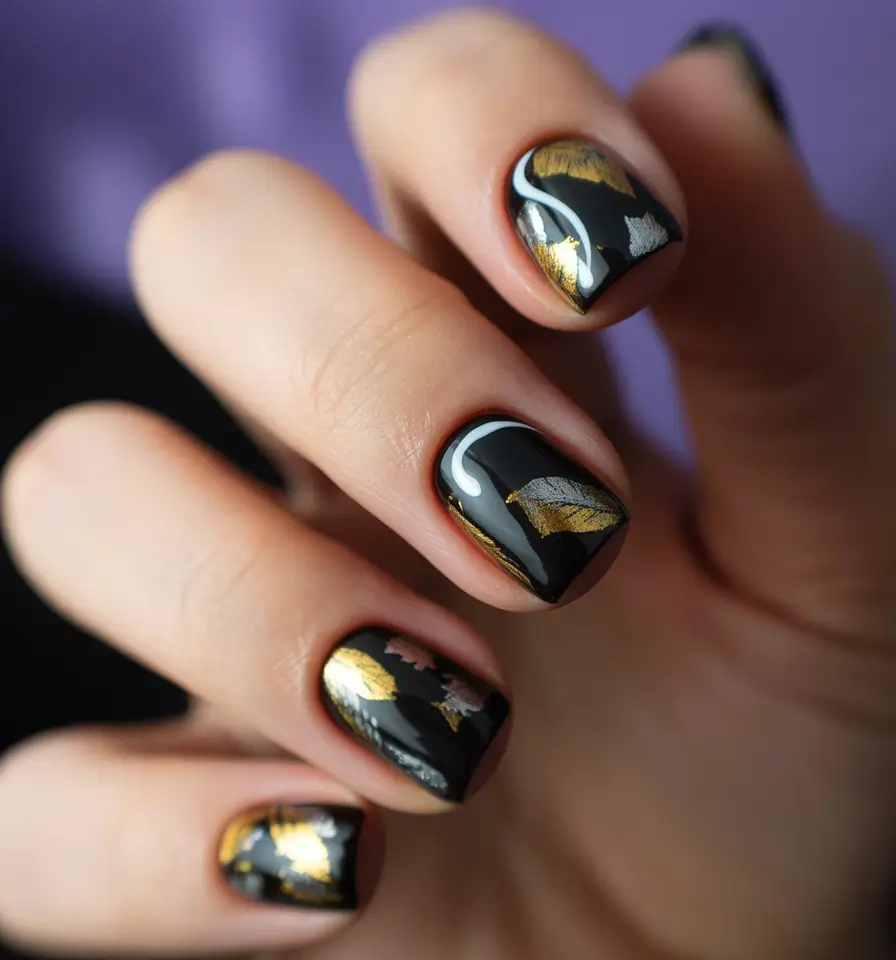 gold fall nails 2025 Golden Leaves on a Midnight Base