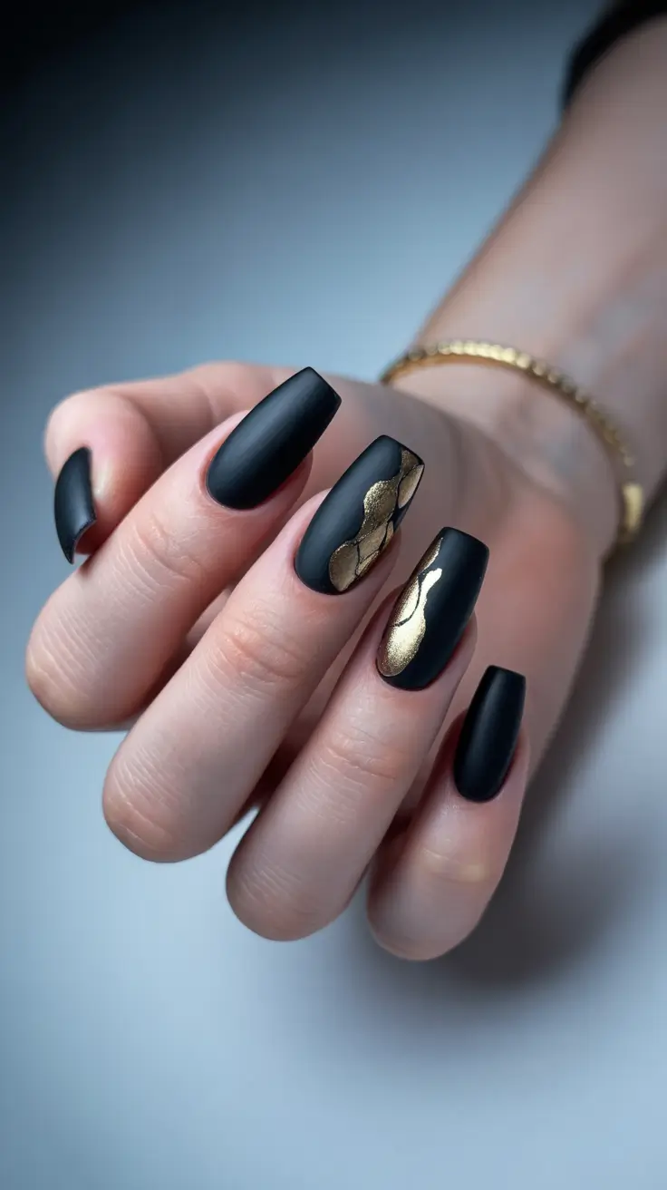 gold fall nails 2025 Matte Black With Golden Cracks