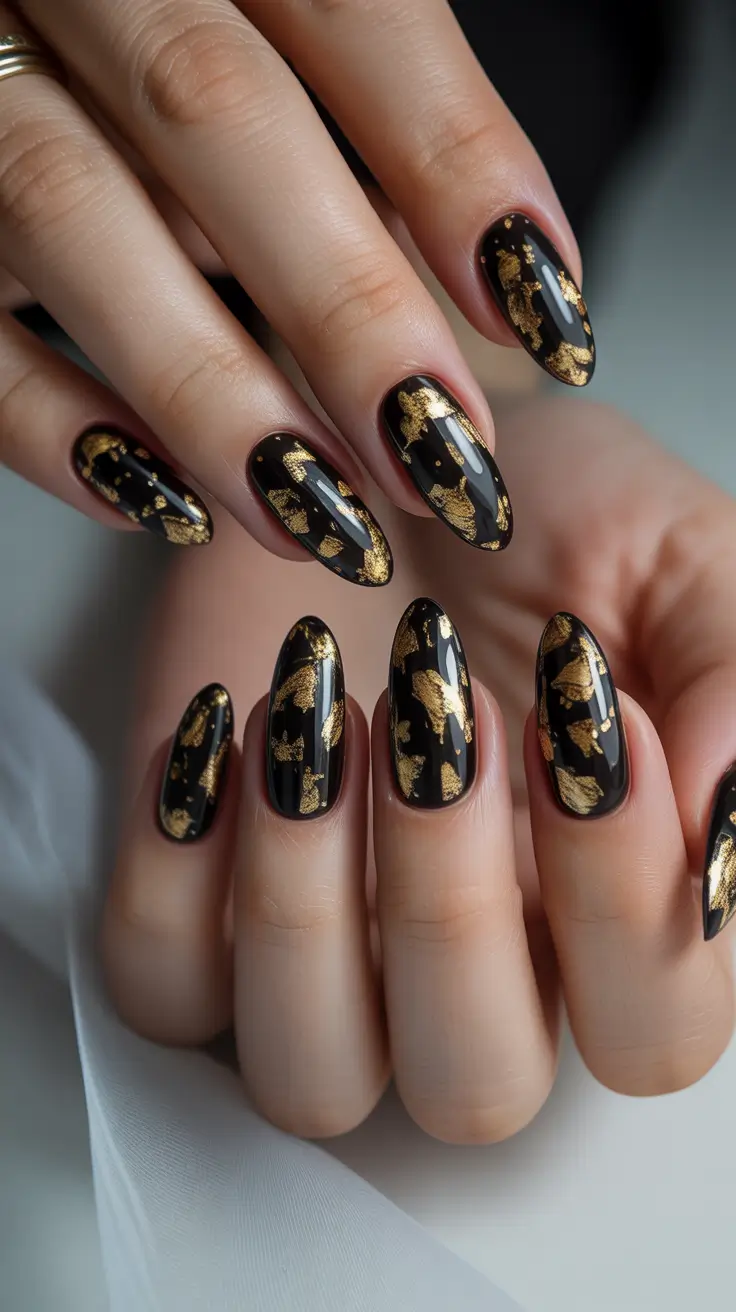 gold fall nails 2025 Golden Foil on Glossy Black